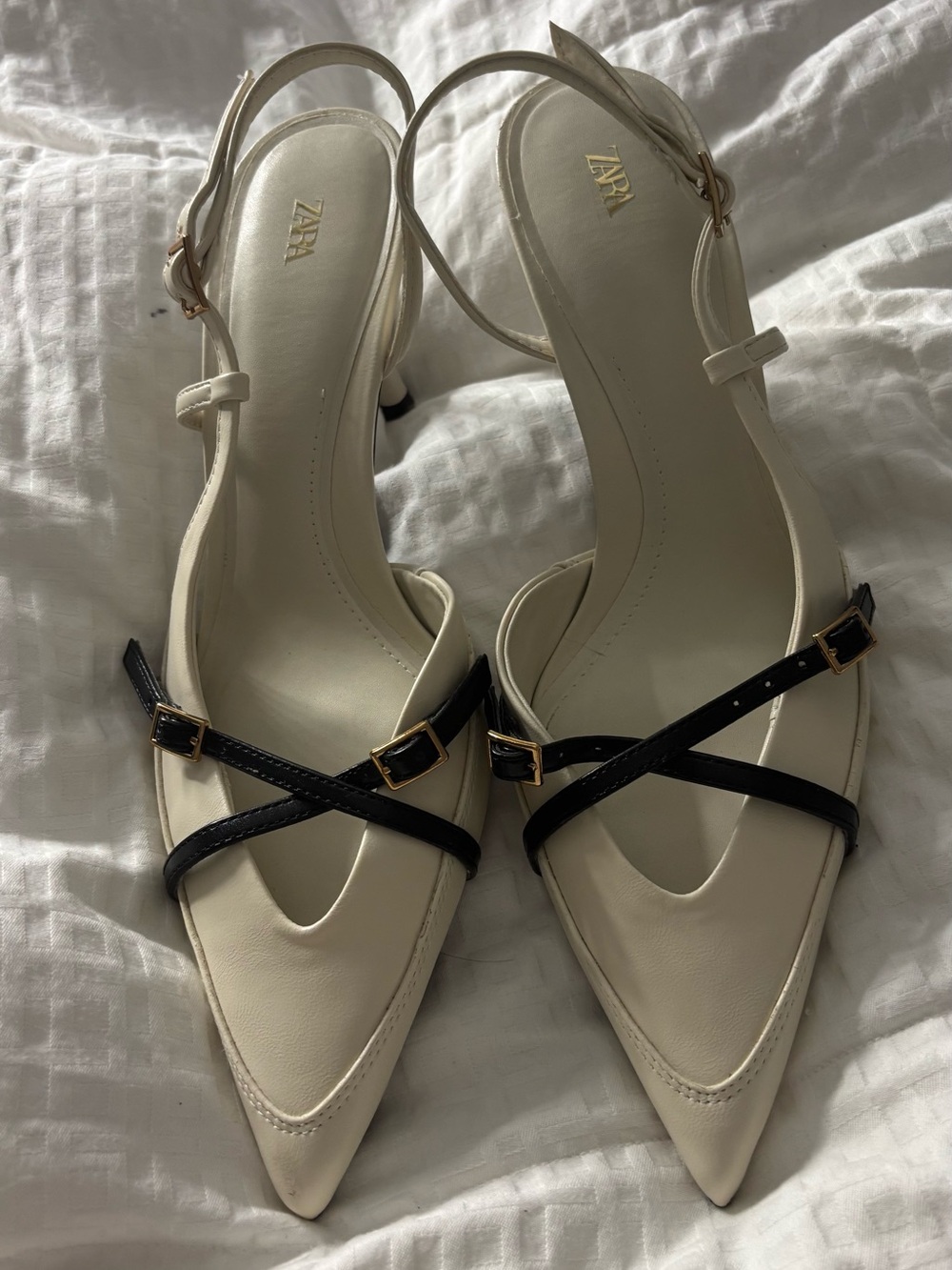 Zara Cream and Black Pointed Slingback Heels with Gold Buckles